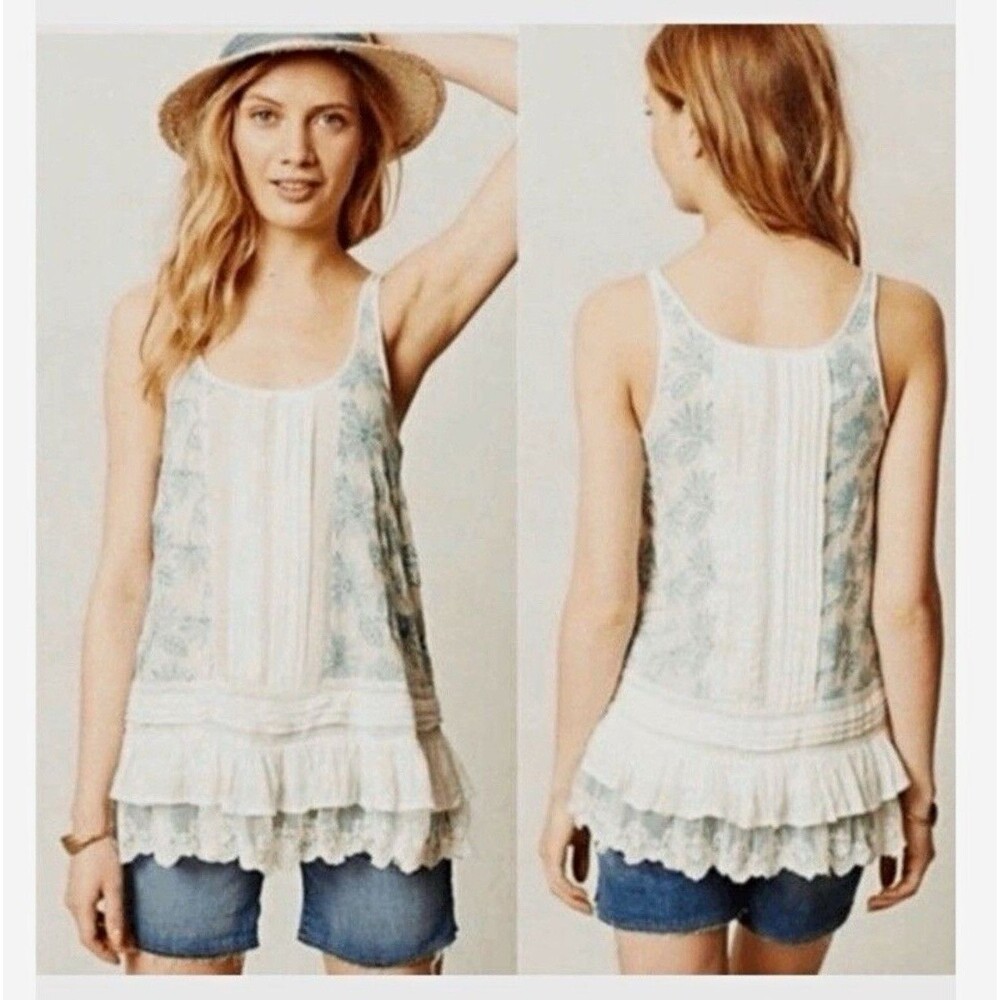 Lilka White Green Floral Sleeveless Tank Top Scoop Neck Lace Ruffle Pleated S